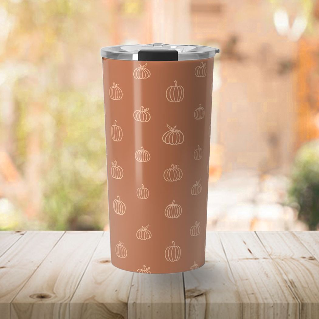 Dark Orange Pumpkin Travel Mug with stainless steel body and vibrant pumpkin design, perfect for hot or cold beverages.