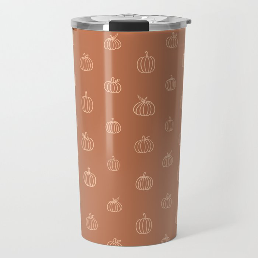 Dark Orange Pumpkin Travel Mug with stainless steel body and vibrant pumpkin design, perfect for hot or cold beverages.