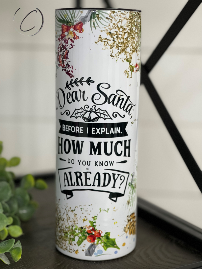 Dear Santa 20oz Skinny Tumbler with festive design and reusable straw, perfect for holiday beverages.