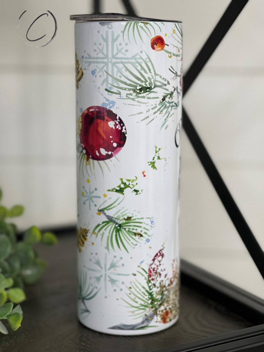 Dear Santa 20oz Skinny Tumbler with festive design and reusable straw, perfect for holiday beverages.