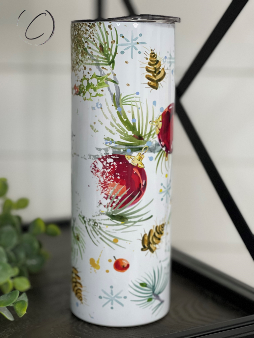 Dear Santa 20oz Skinny Tumbler with festive design and reusable straw, perfect for holiday beverages.