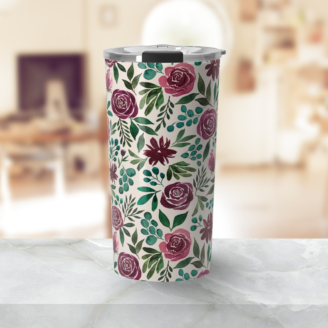 Deep Magenta Floral Eucalyptus Travel Mug with floral design, showcasing its stainless steel body and vacuum-sealed lid.