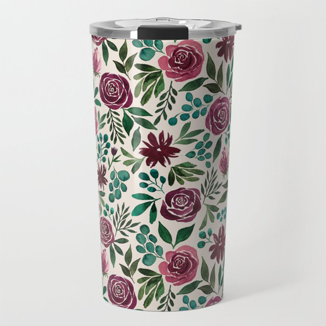 Deep Magenta Floral Eucalyptus Travel Mug with floral design, showcasing its stainless steel body and vacuum-sealed lid.