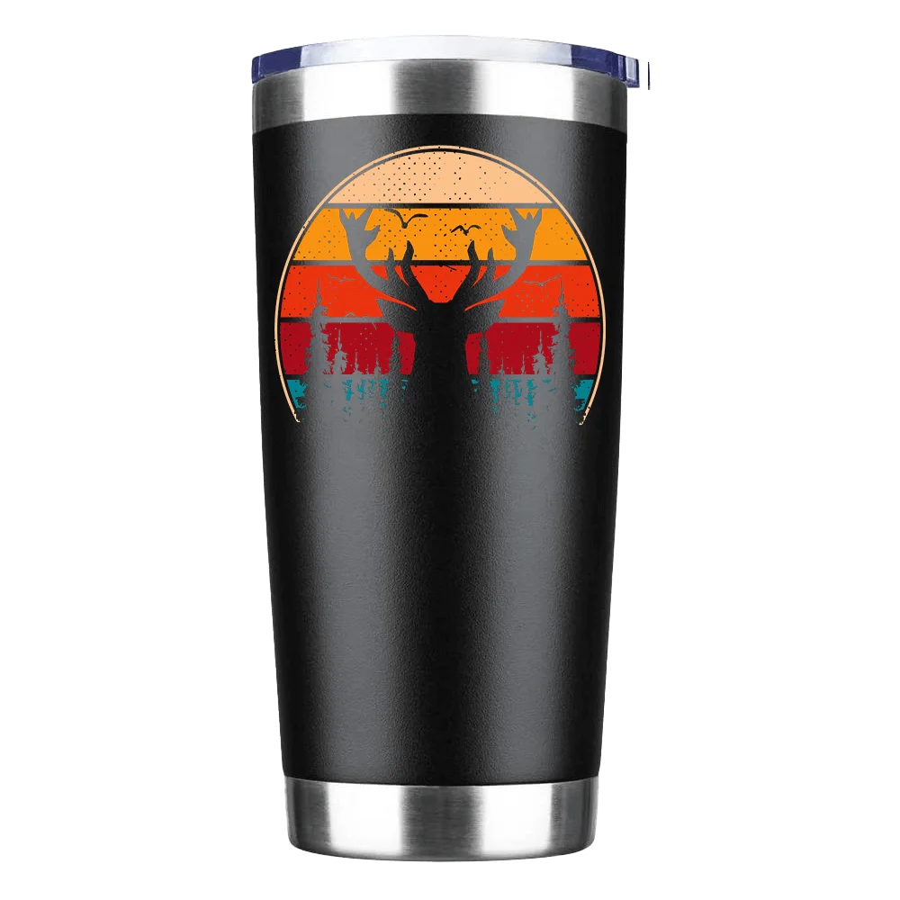 Deer Color 20 oz stainless steel tumbler with vibrant UV-printed design and splash-proof lid, perfect for hot and cold beverages.