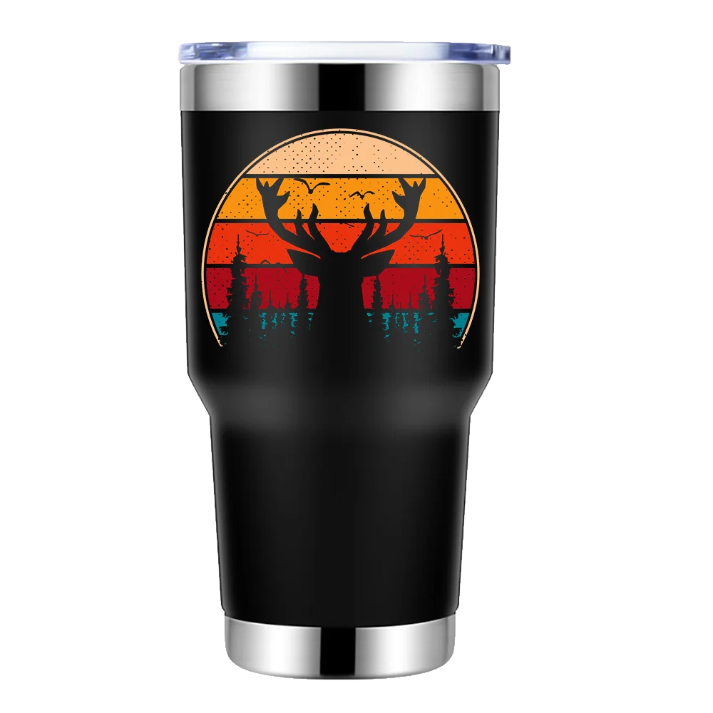 Deer Color 30oz Insulated Vacuum Sealed Tumbler in stainless steel with vibrant UV-printed design, showcasing its double-walled insulation and splash-proof lid.