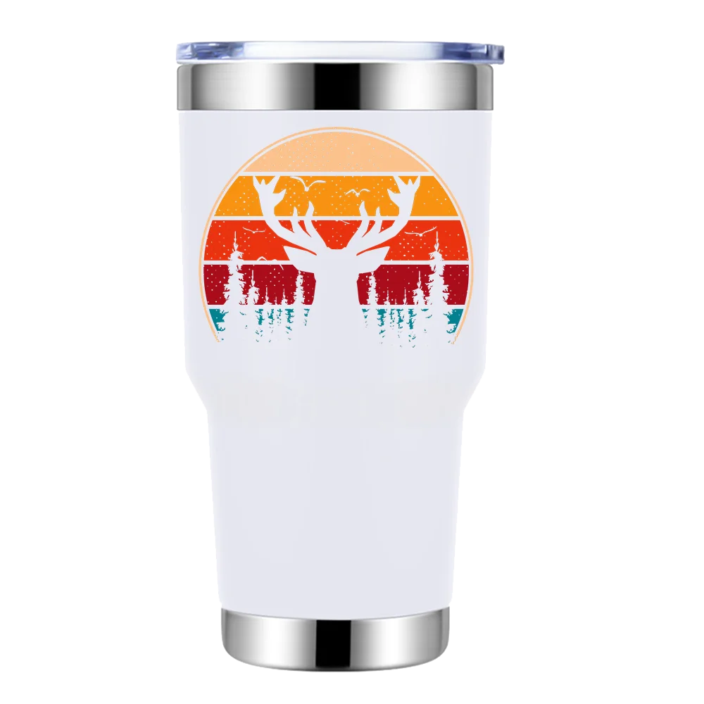 Deer Color 30oz Insulated Vacuum Sealed Tumbler in stainless steel with vibrant UV-printed design, showcasing its double-walled insulation and splash-proof lid.