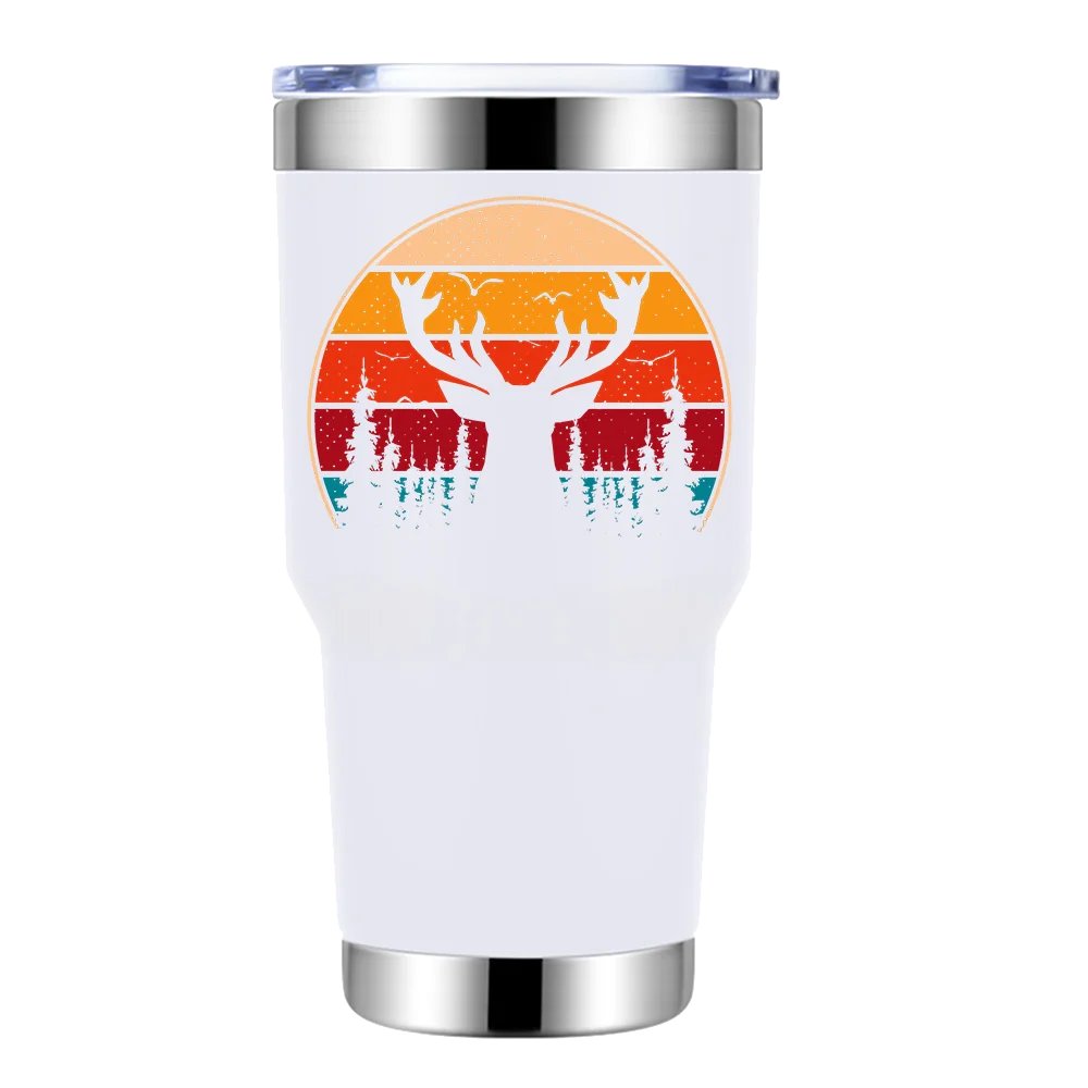 Deer Color 30oz Insulated Vacuum Sealed Tumbler in stainless steel with vibrant UV-printed design, showcasing its double-walled insulation and splash-proof lid.