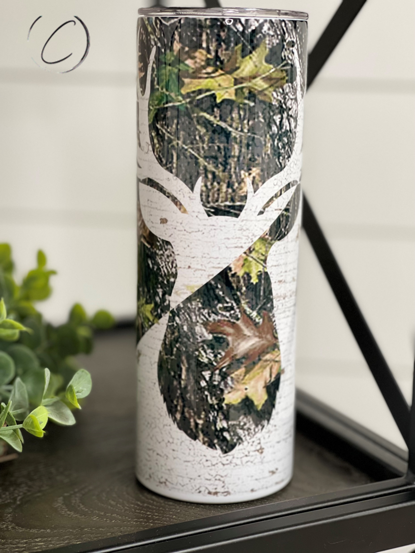 Deer Hunter 20oz Skinny Tumbler featuring a full wrap design, perfect for outdoor enthusiasts.