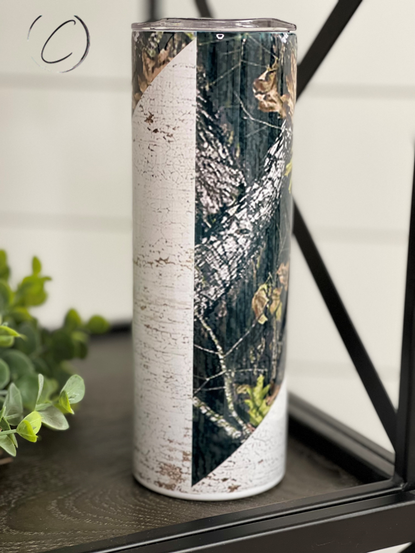 Deer Hunter 20oz Skinny Tumbler featuring a full wrap design, perfect for outdoor enthusiasts.