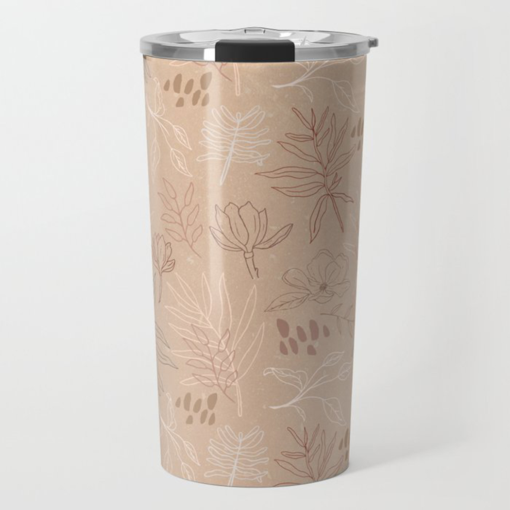 Desert Leaf Travel Coffee Mug in stainless steel with vibrant wraparound artwork, showcasing its durable and stylish design.