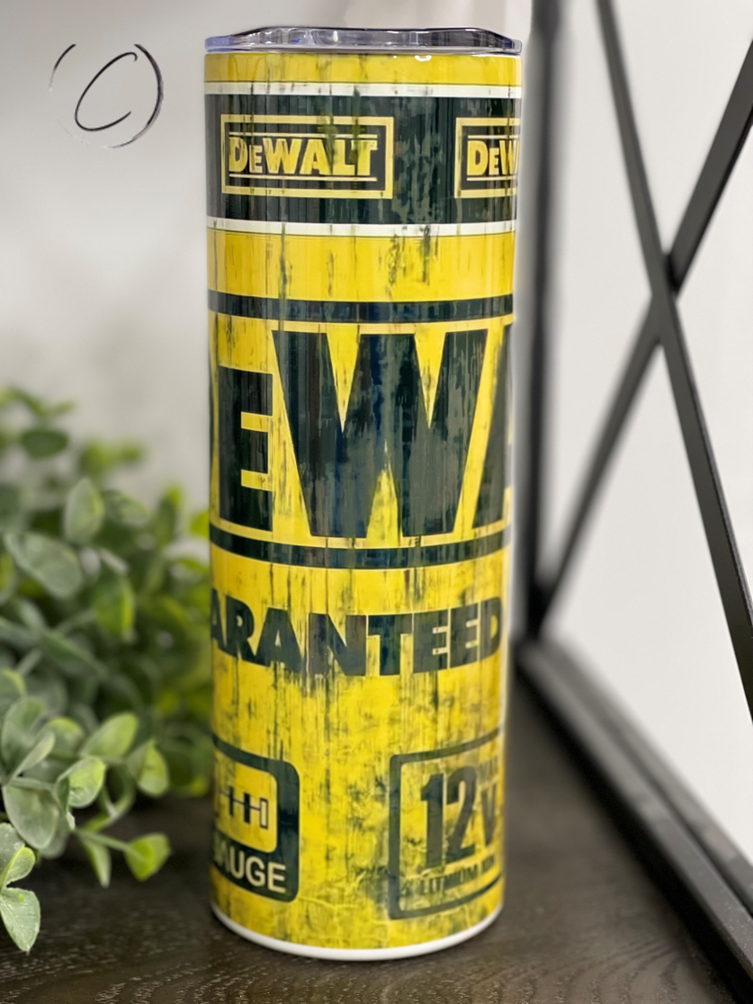 DeWalt 20oz Skinny Tumbler with a full wrap design, showcasing its durable construction and included straw.