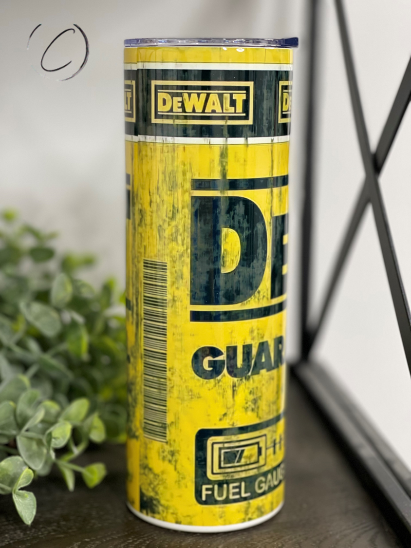 DeWalt 20oz Skinny Tumbler with a full wrap design, showcasing its durable construction and included straw.