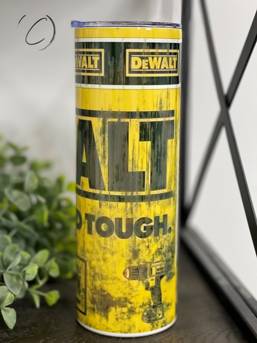 DeWalt 20oz Skinny Tumbler with a full wrap design, showcasing its durable construction and included straw.