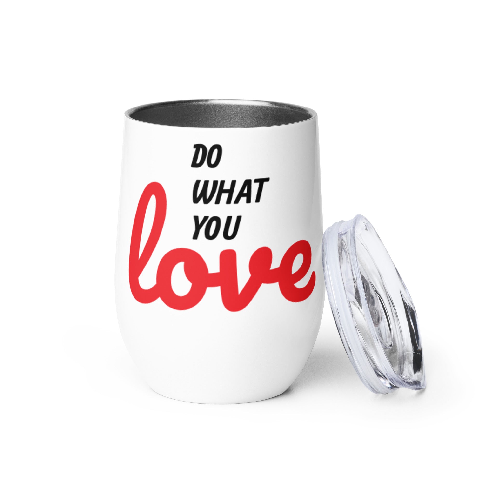 Do What You Love Wine Tumbler in stainless steel with a unique curved shape, perfect for outdoor parties and gatherings.