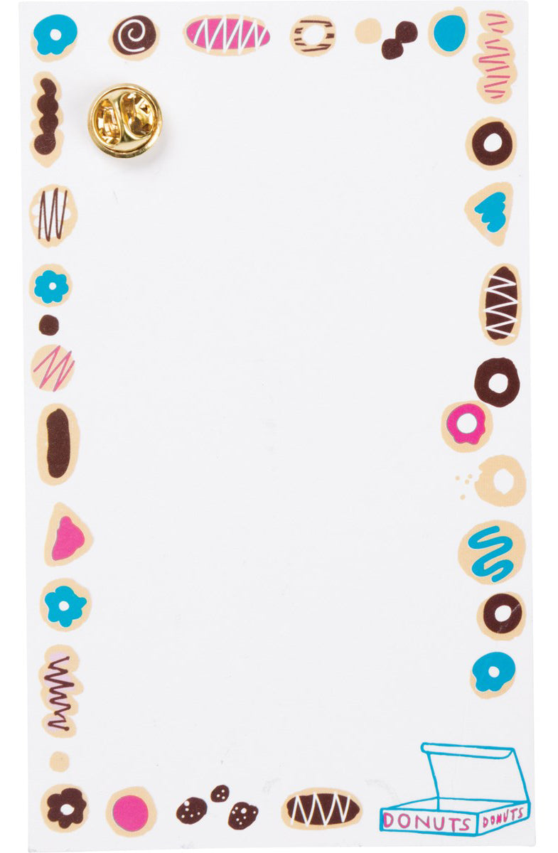 A colorful enamel pin shaped like a donut, featuring a butterfly clip closure, displayed on a gift card with a heartfelt message.