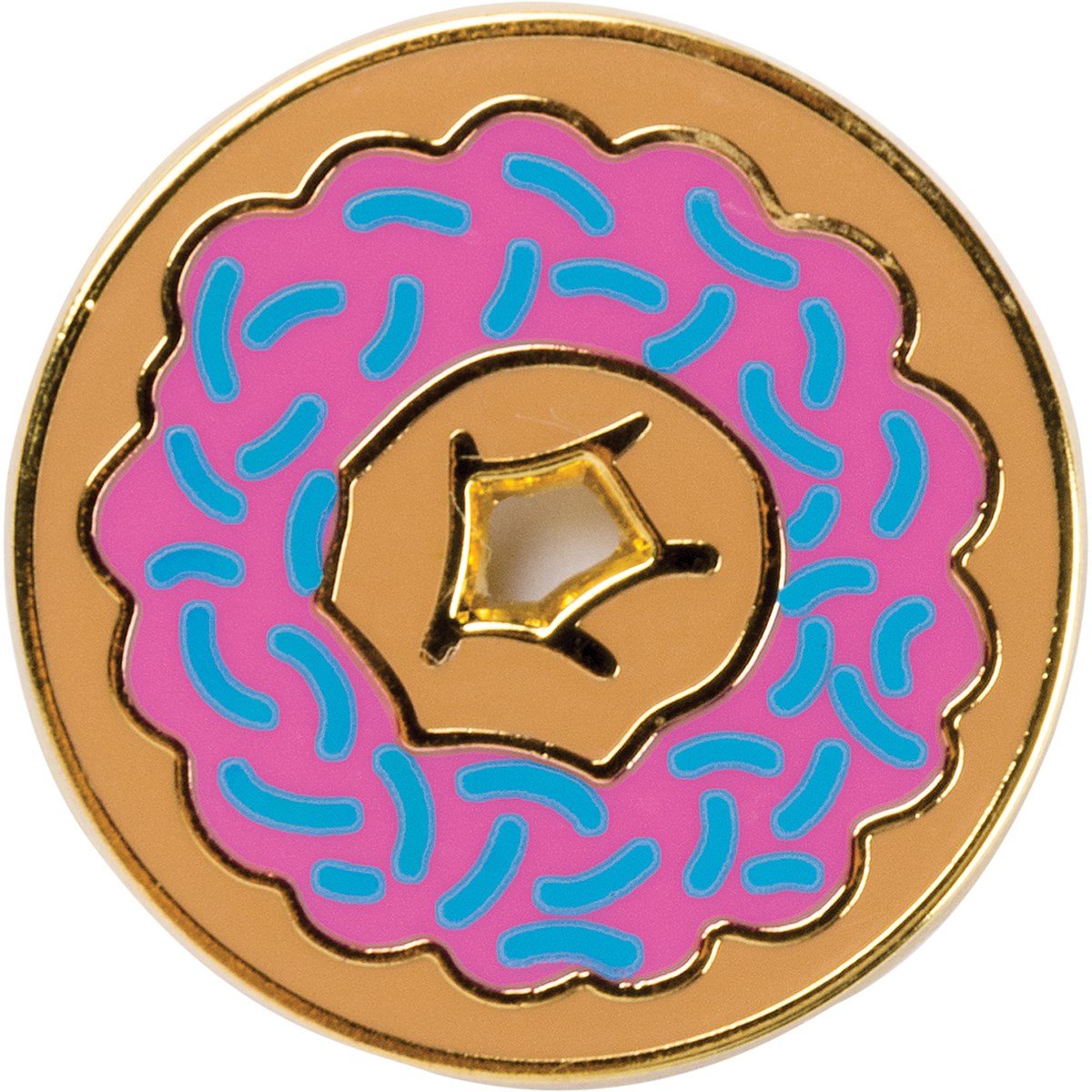 A colorful enamel pin shaped like a donut, featuring a butterfly clip closure, displayed on a gift card with a heartfelt message.