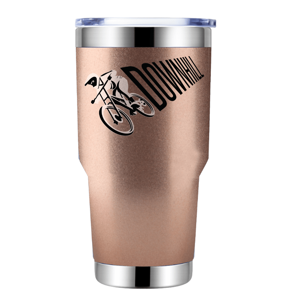 Downhill Cycling 30oz Tumbler in vibrant colors, showcasing its stainless steel design and leak-proof cap.