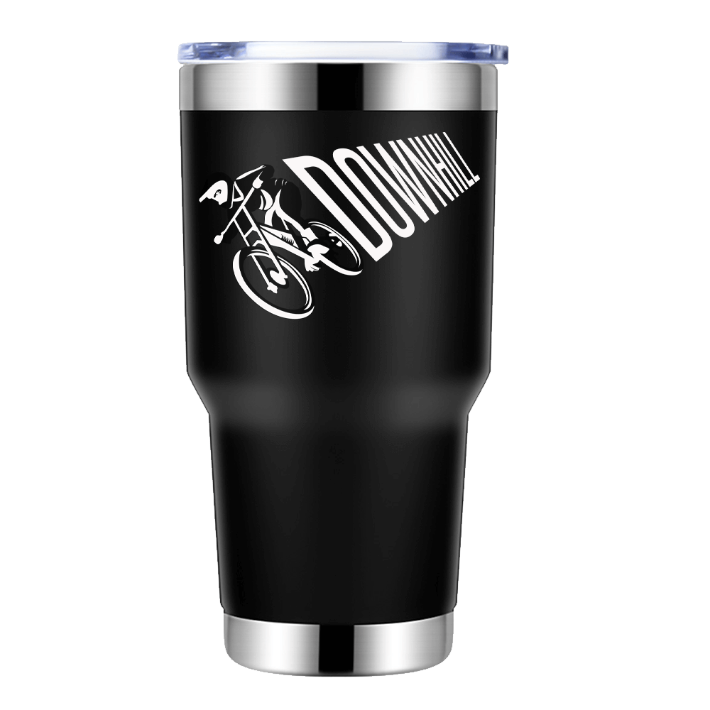 Downhill Cycling 30oz Tumbler in vibrant colors, showcasing its stainless steel design and leak-proof cap.