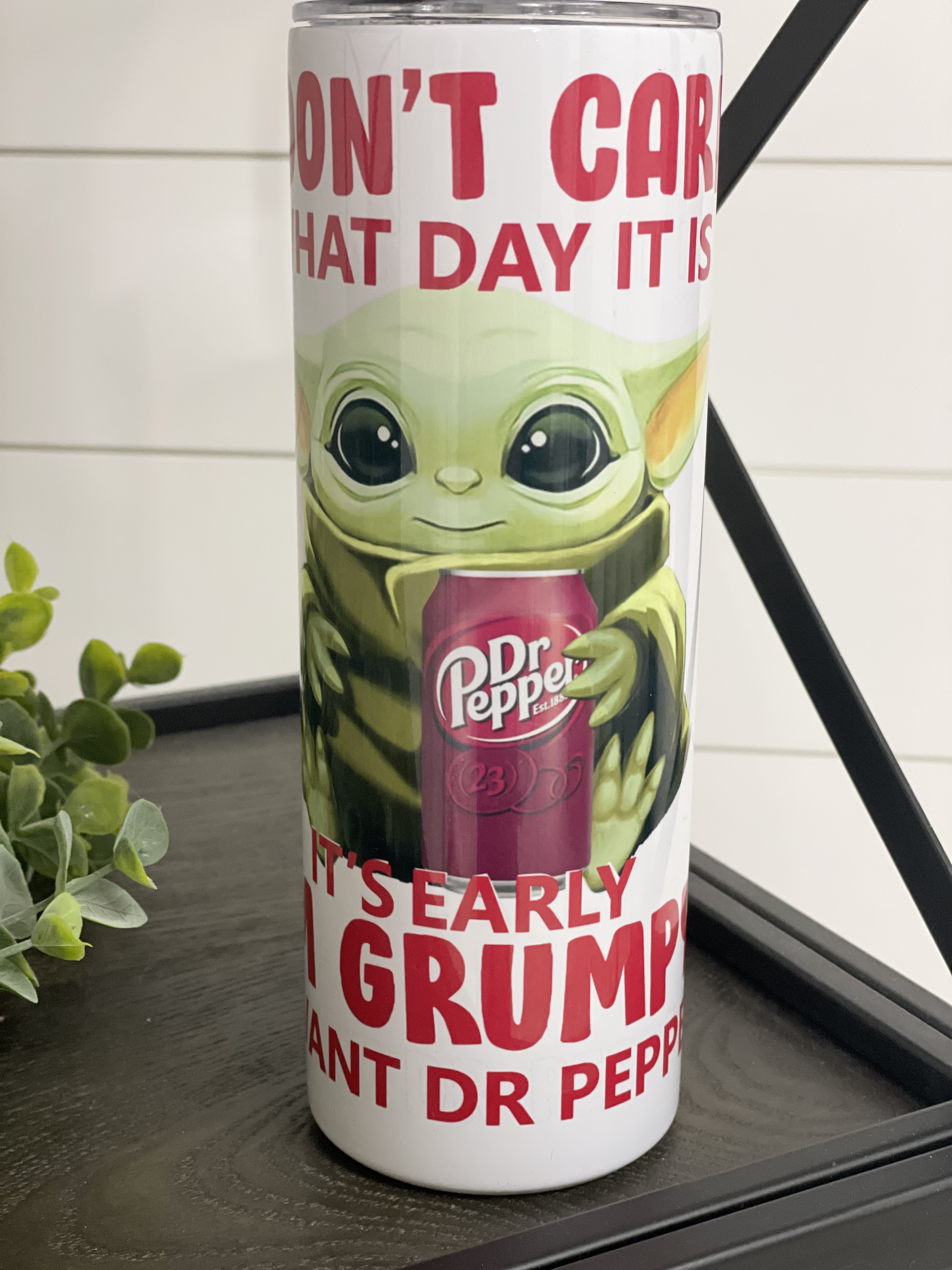 Dr. Pepper Yoda 20oz Skinny Tumbler featuring a vibrant Yoda design, perfect for drinks on the go.