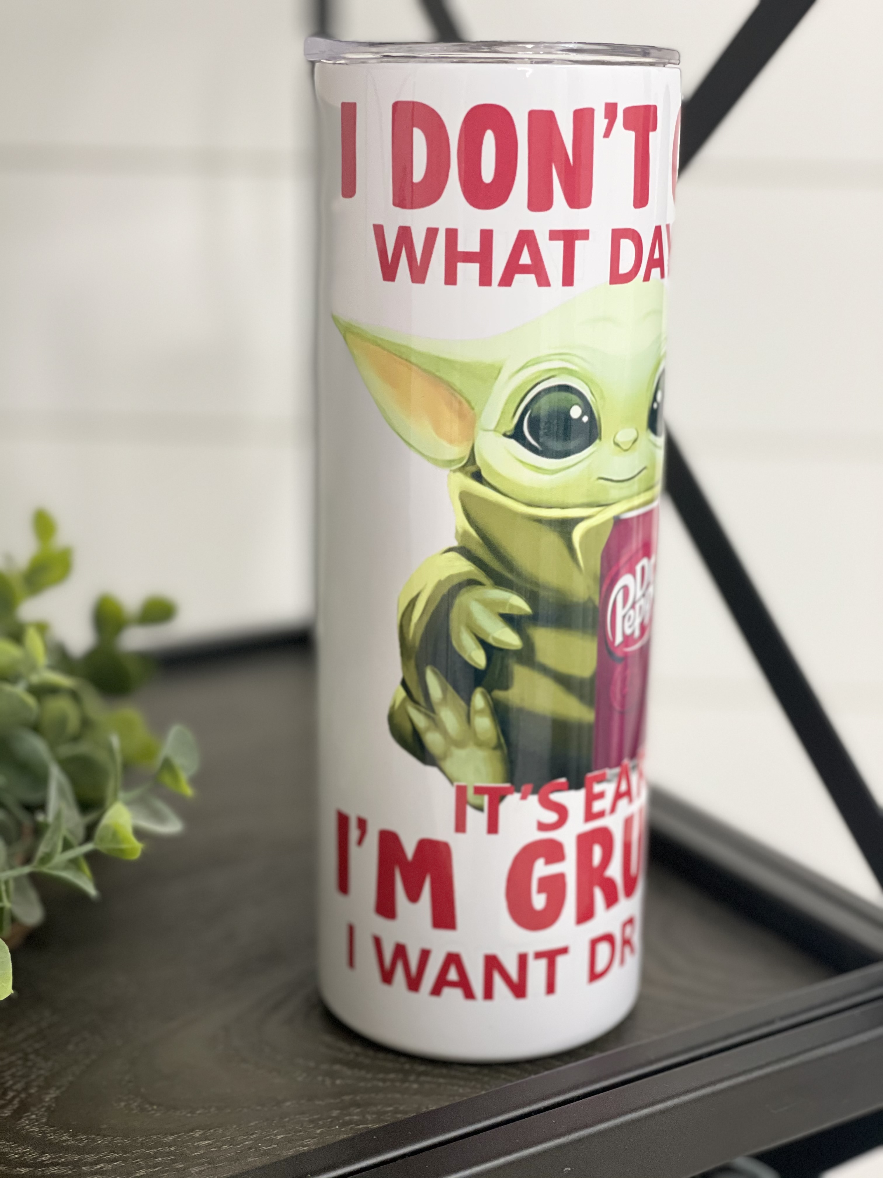 Dr. Pepper Yoda 20oz Skinny Tumbler featuring a vibrant Yoda design, perfect for drinks on the go.