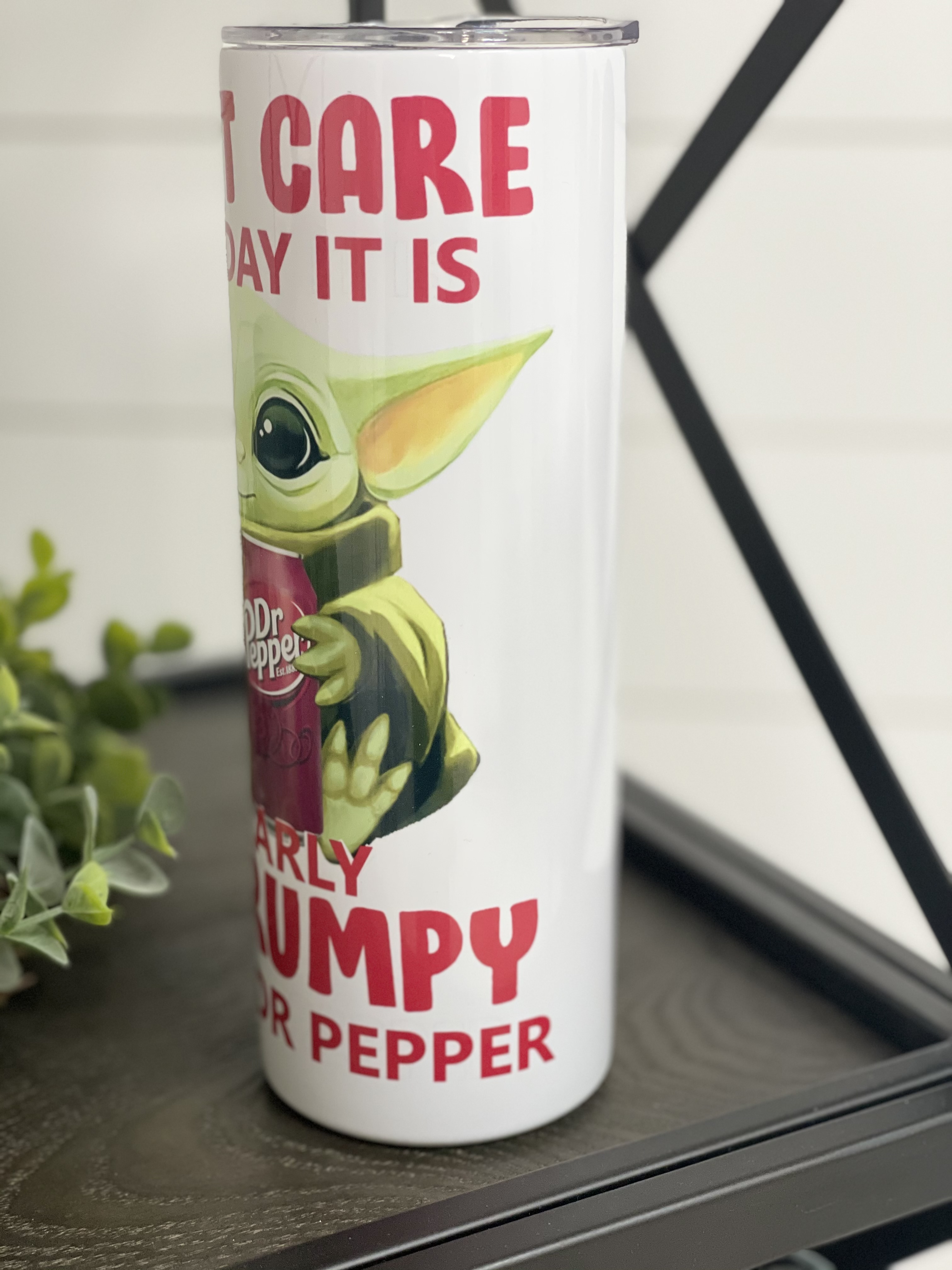 Dr. Pepper Yoda 20oz Skinny Tumbler featuring a vibrant Yoda design, perfect for drinks on the go.