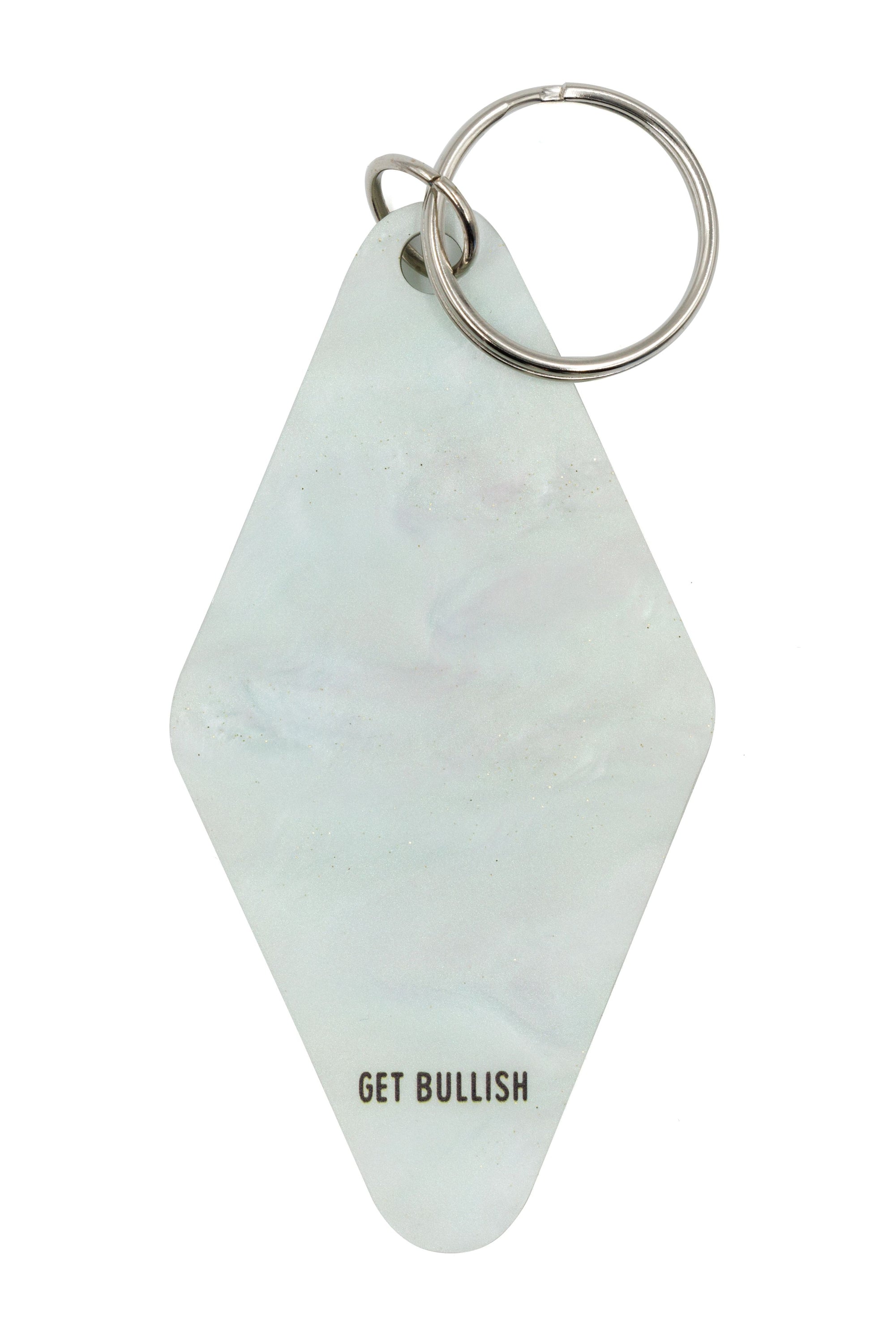 Marble mint keychain with humorous text, featuring a split ring for easy attachment.