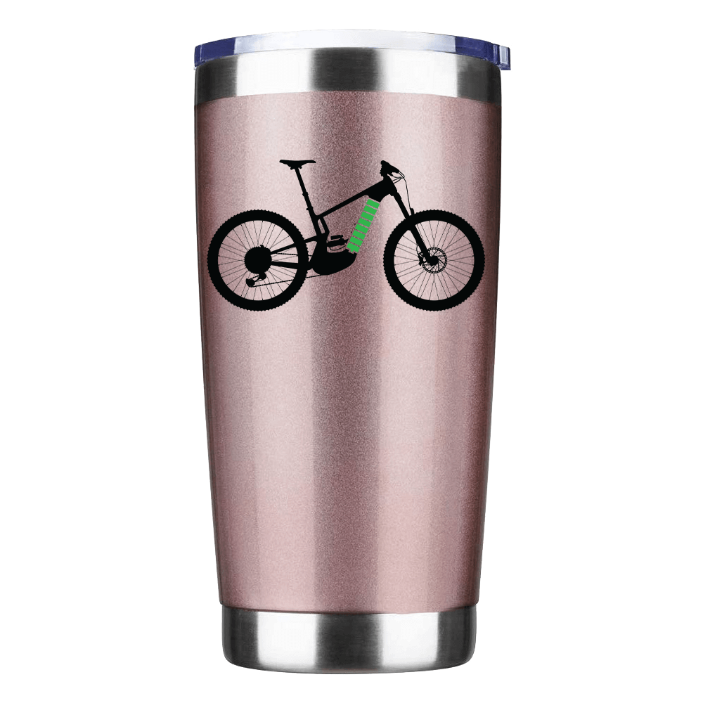 E Bike 20oz Insulated Vacuum Sealed Tumbler in stainless steel with a splash-proof lid and UV-printed design.