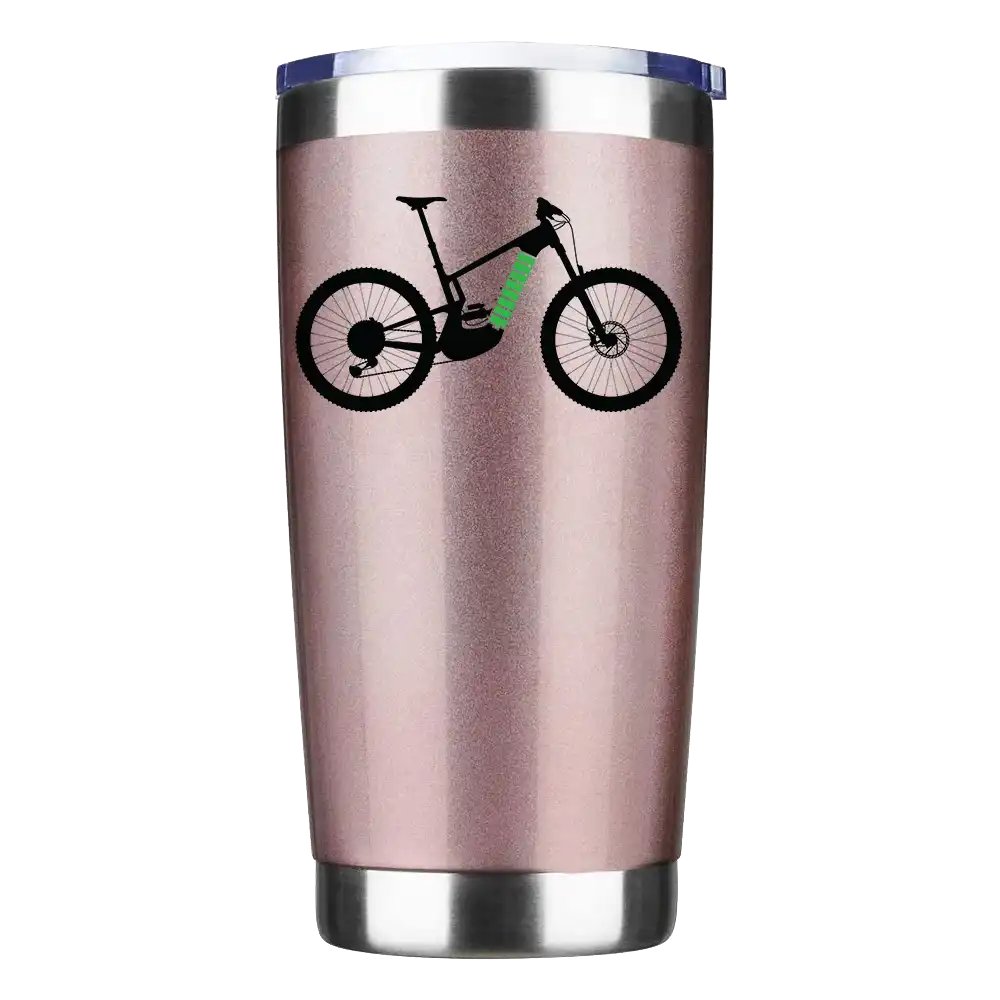 E Bike 20oz Insulated Vacuum Sealed Tumbler in stainless steel with a splash-proof lid and UV-printed design.