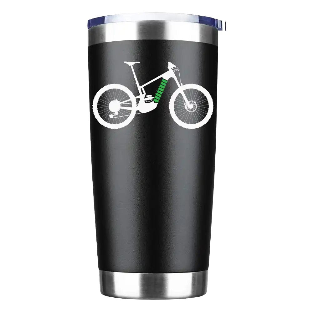 E Bike 20oz Insulated Vacuum Sealed Tumbler in stainless steel with a splash-proof lid and UV-printed design.