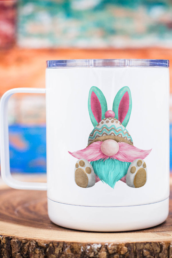 Easter Gnome Pink Mustache Stainless Steel Coffee Travel Cup with vibrant design and secure lid, perfect for on-the-go beverages.