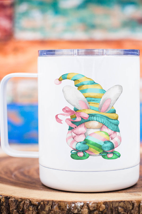 Easter Gnome Pink Pigtails Stainless Steel Coffee Travel Cup with vibrant design and secure lid.