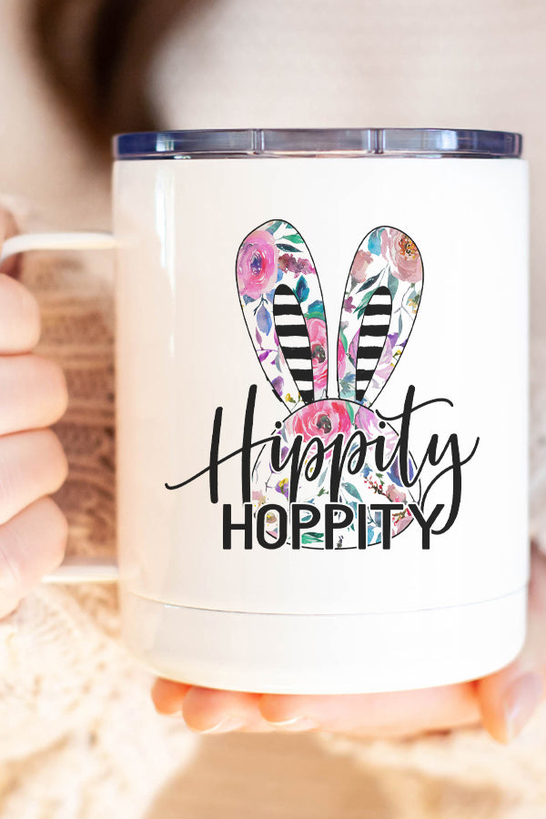 Easter Hippity Hoppity Striped Bunny Stainless Steel Coffee Travel Cup with vibrant design and secure lid.