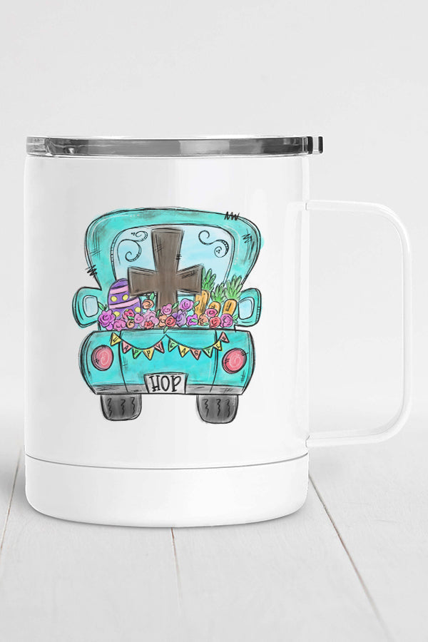 Easter Hop Cross Truck Stainless Steel Coffee Travel Cup with vibrant design and secure lid, perfect for travel.