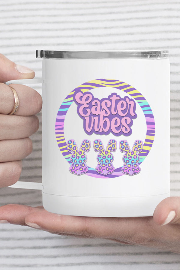 Easter Vibes Bunny Circle Stainless Steel Coffee Travel Cup with vibrant bunny design, double wall insulation, and secure lid.