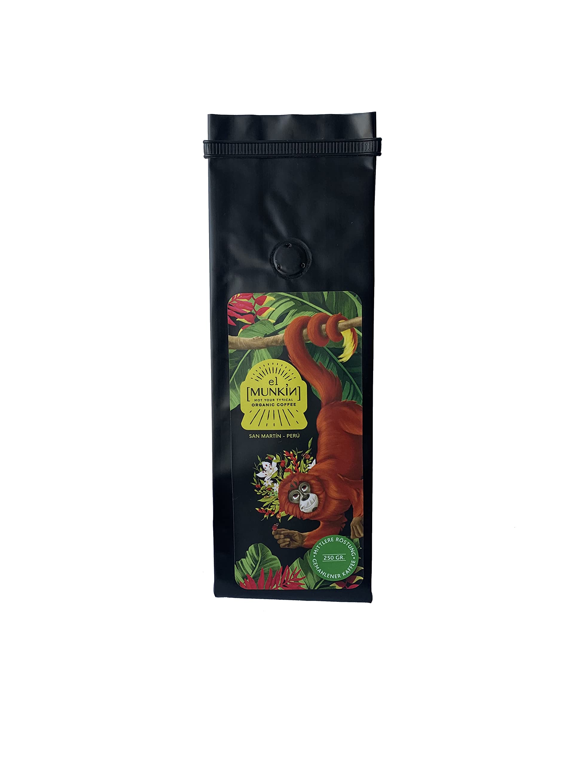 A bag of El Munkin Kaffee showcasing its rich, aromatic coffee beans sourced from San Martín, Peru.