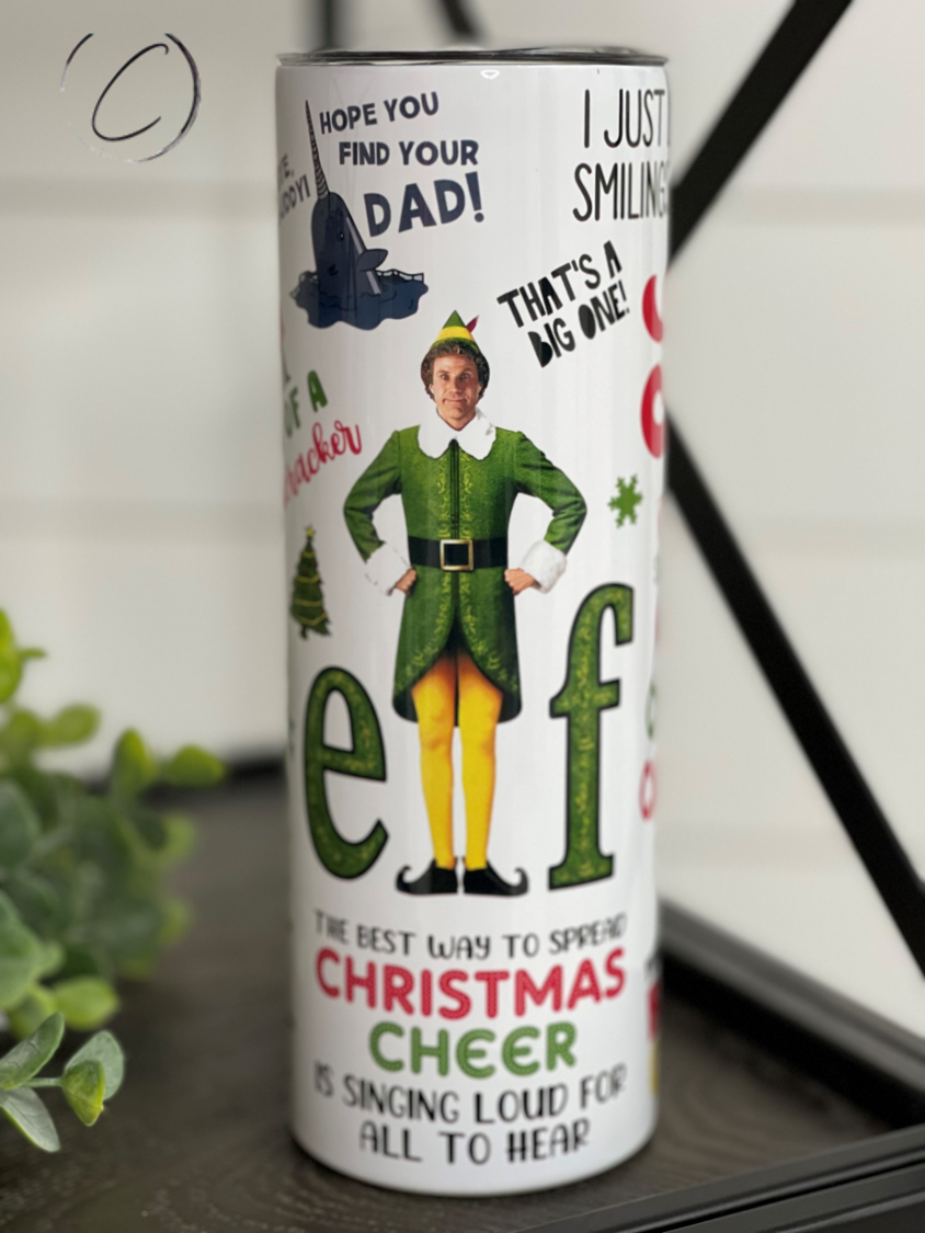 Elf 20oz Skinny Tumbler with vibrant design and reusable straw, perfect for hot and cold beverages.