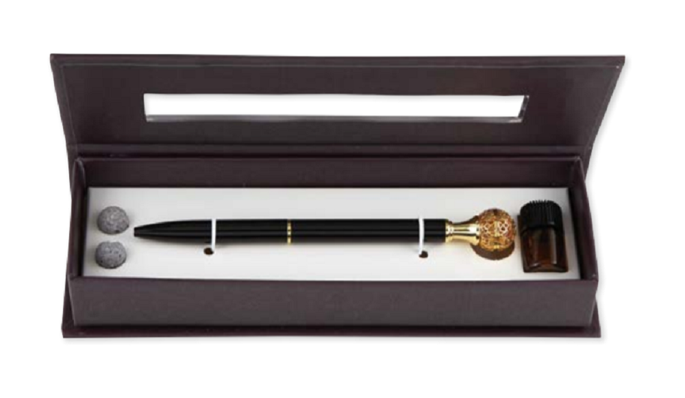 Lemon Essential Oil Diffuser Pen with essential oil and lava beads, elegantly designed for aromatherapy while writing.