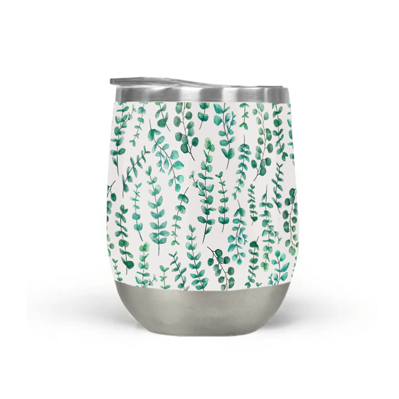 Eucalyptus Watercolor Stemless Wine Tumbler showcasing a beautiful watercolor design, made of stainless steel with a plastic lid.