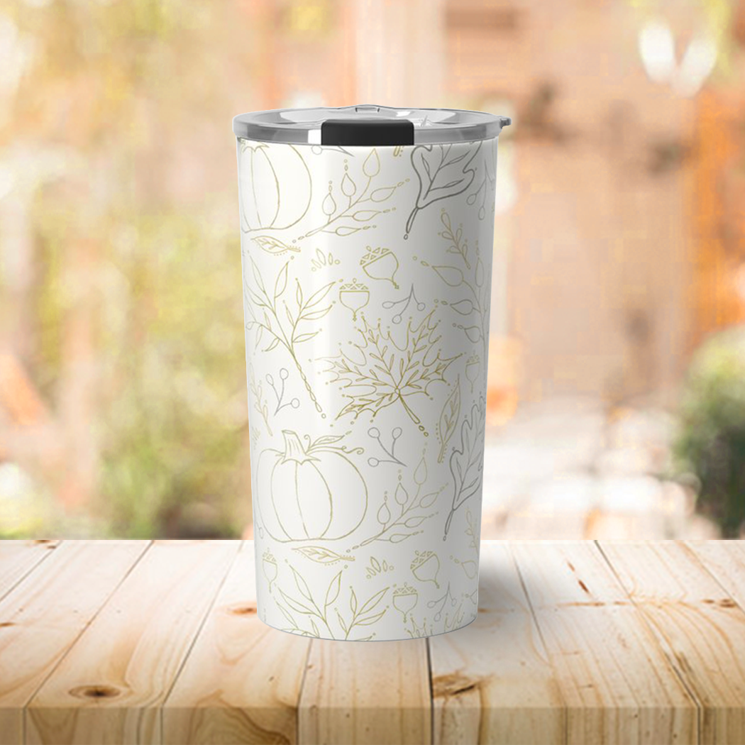 Fall Leaf Travel Coffee Mug showcasing vibrant autumn leaves on a stainless steel body, perfect for hot and cold beverages.