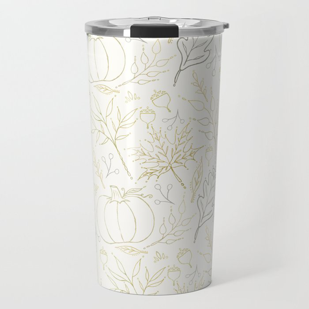 Fall Leaf Travel Coffee Mug showcasing vibrant autumn leaves on a stainless steel body, perfect for hot and cold beverages.