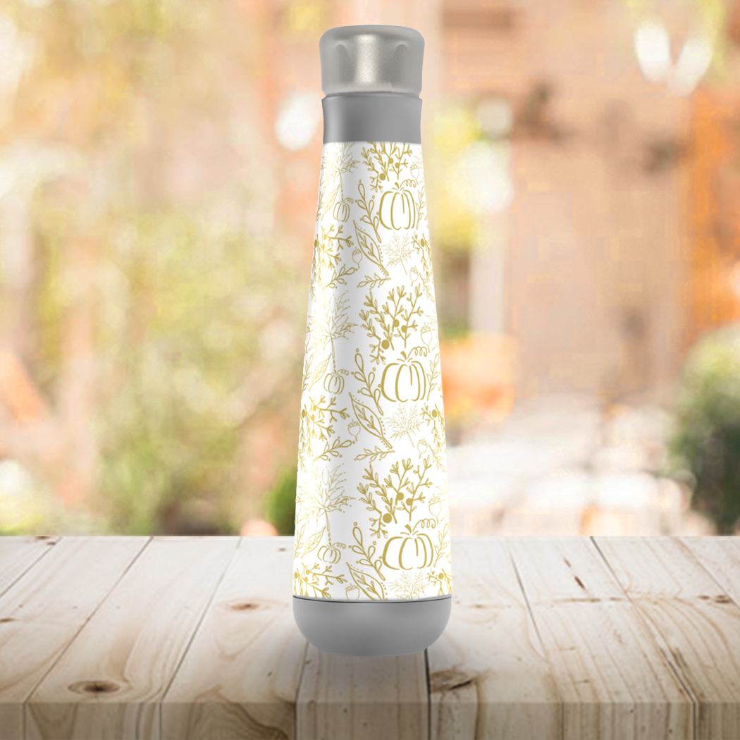 Stylish Fall Pattern Peristyle Water Bottle made of stainless steel, featuring a unique fall design and a screw-on lid.