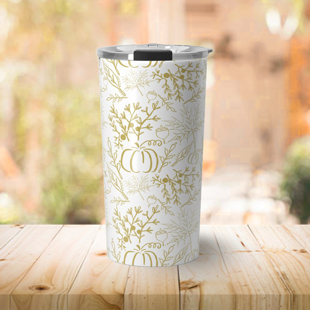 A stylish Fall Pattern Travel Coffee Mug made of stainless steel, featuring vibrant autumn-themed artwork and a double-walled design for insulation.