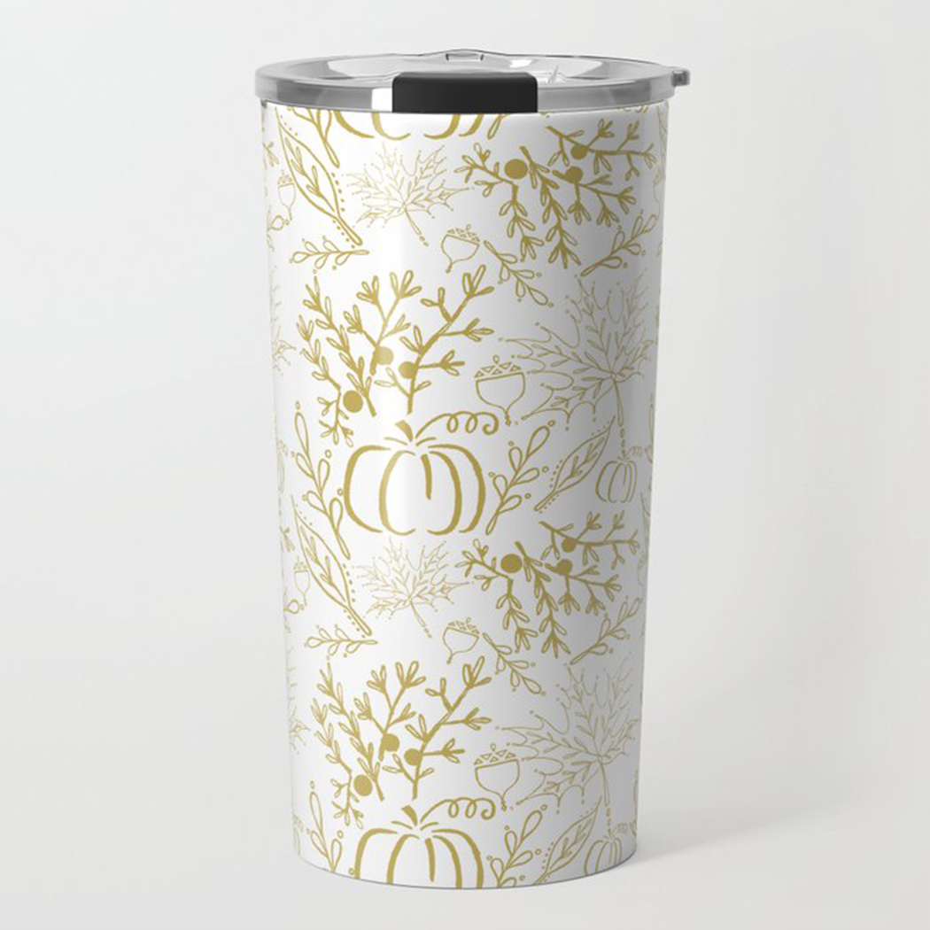 A stylish Fall Pattern Travel Coffee Mug made of stainless steel, featuring vibrant autumn-themed artwork and a double-walled design for insulation.