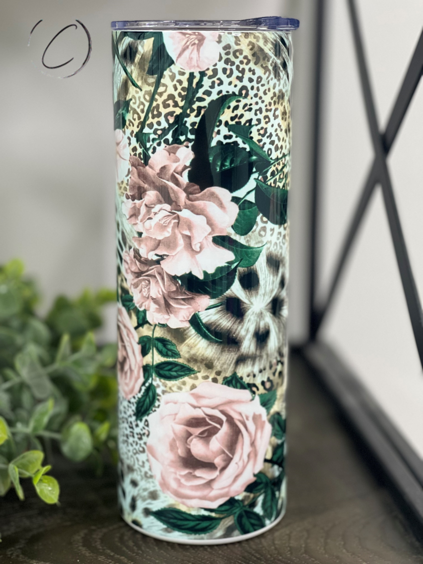 Feisty Floral 20oz Skinny Tumbler featuring a vibrant floral design, reusable straw, and durable construction.