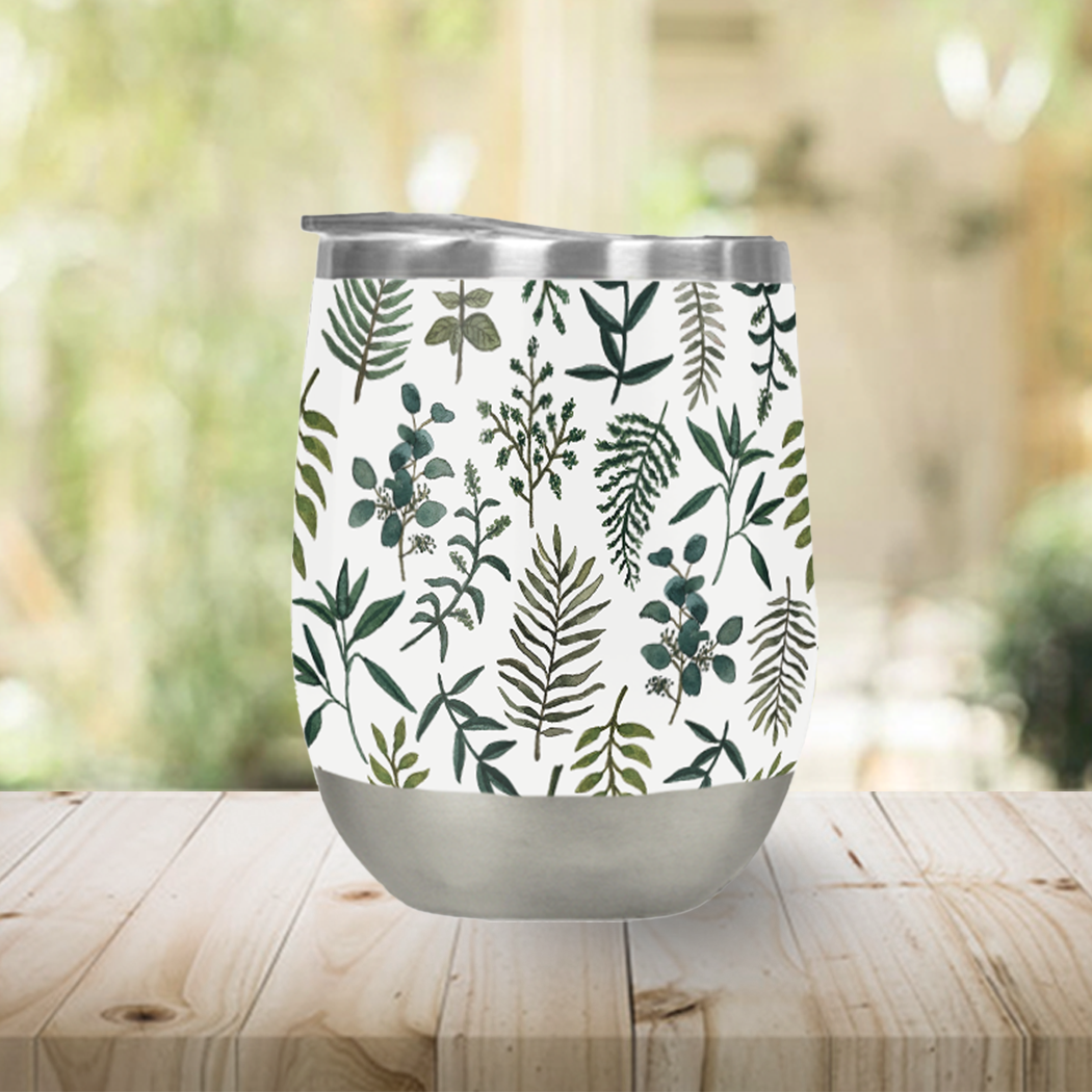 Fern Watercolor Stemless Wine Tumbler showcasing a vibrant watercolor design, perfect for outdoor use and wine enjoyment.