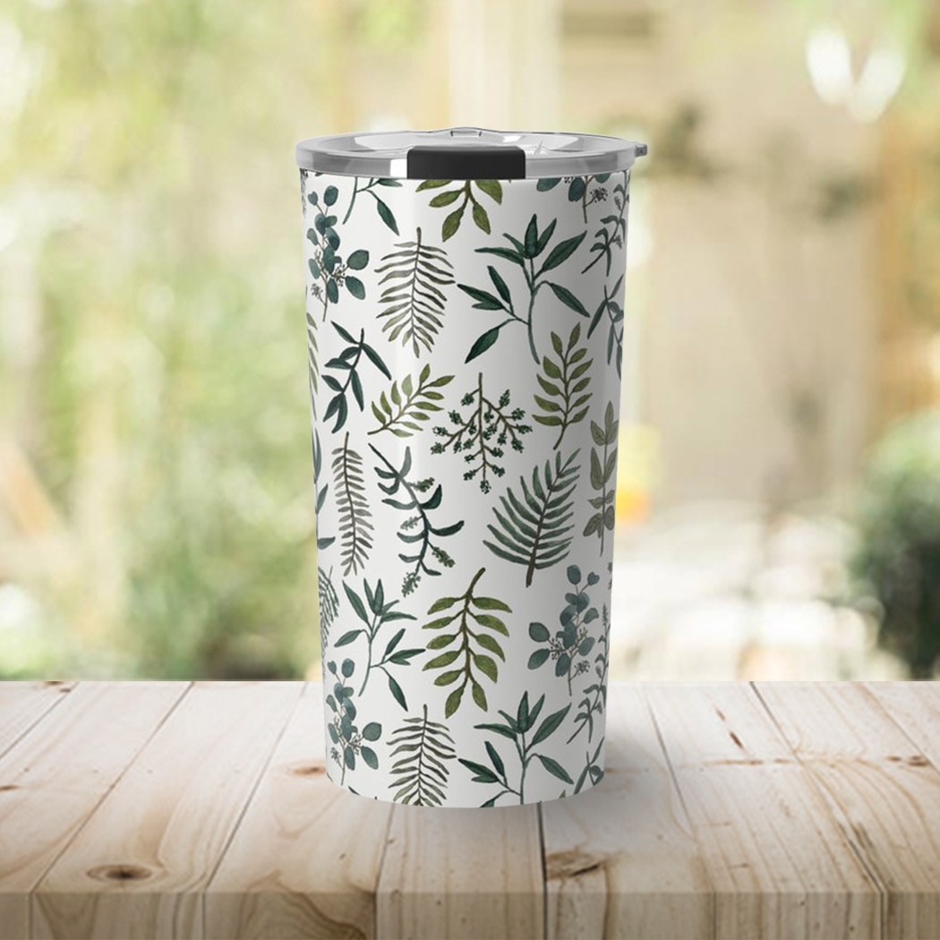 Fern Watercolor Travel Mug showcasing vibrant watercolor design on stainless steel body.