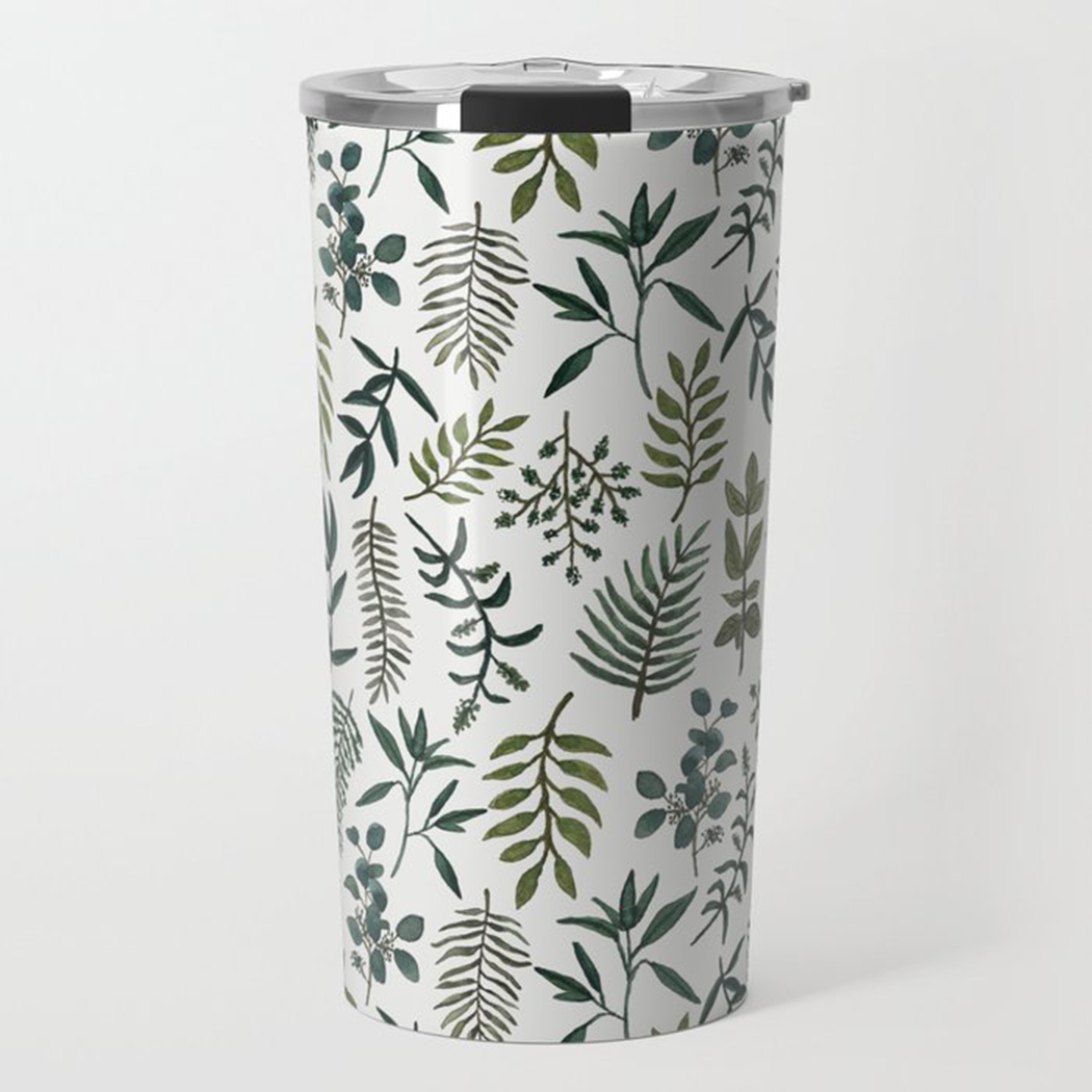 Fern Watercolor Travel Mug showcasing vibrant watercolor design on stainless steel body.