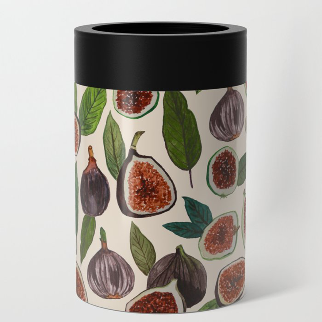 Fig Can Cooler made of lightweight stainless steel with decorative wraparound design, perfect for keeping drinks cold.