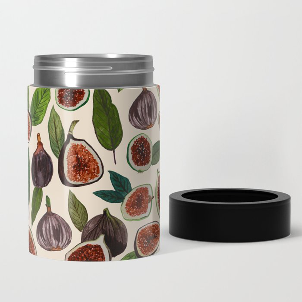 Fig Can Cooler made of lightweight stainless steel with decorative wraparound design, perfect for keeping drinks cold.