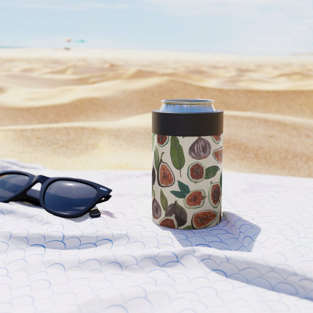 Fig Can Cooler made of lightweight stainless steel with decorative wraparound design, perfect for keeping drinks cold.